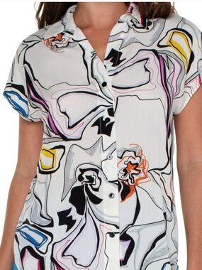 Liverpool White Abstract Floral-Print Short Sleeve Button Down Top